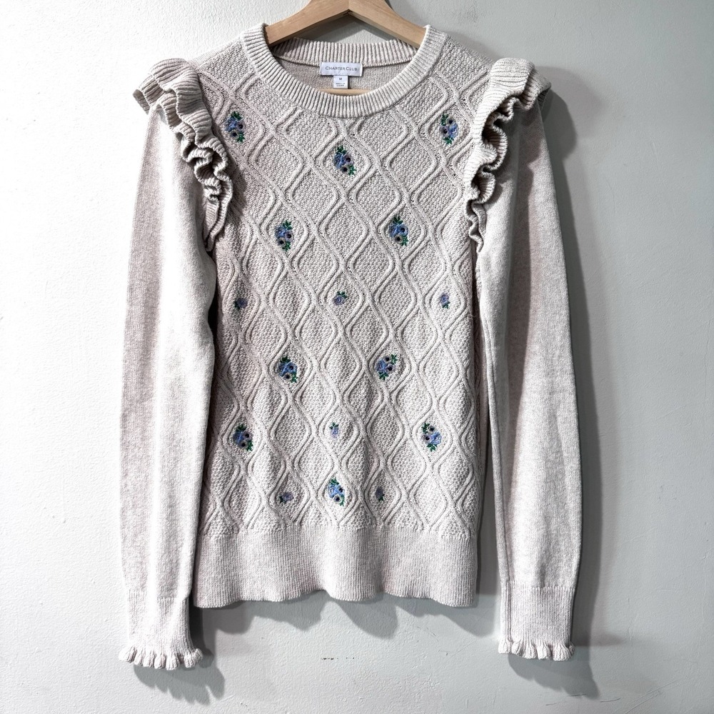 Vintage Charter Club Knit Long‎ Sleeve Cream Sweater Floral Size Medium